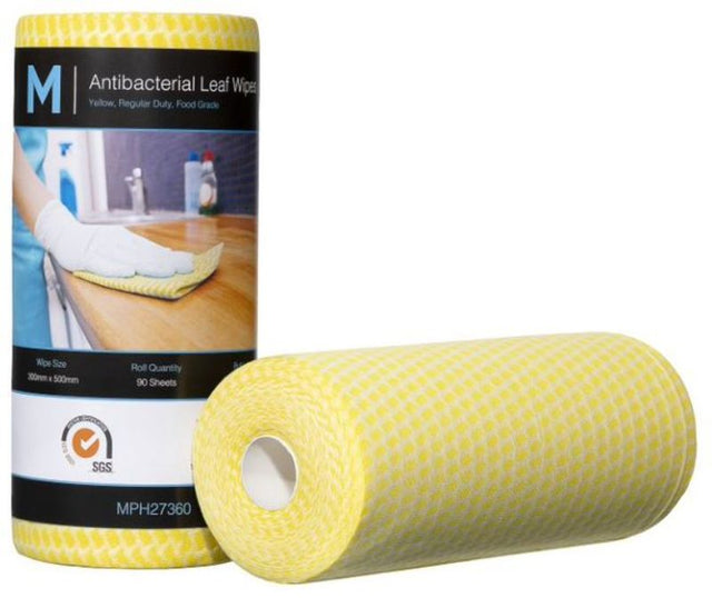 Antibacterial leaf wipes in yellow, 300mm x 500mm, 90 sheets, reusable and machine washable for effective cleaning.