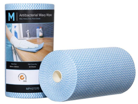 Antibacterial blue wavy wipes, 300mm x 500mm, 90 sheets per pack, designed for effective cleaning and germ removal.
