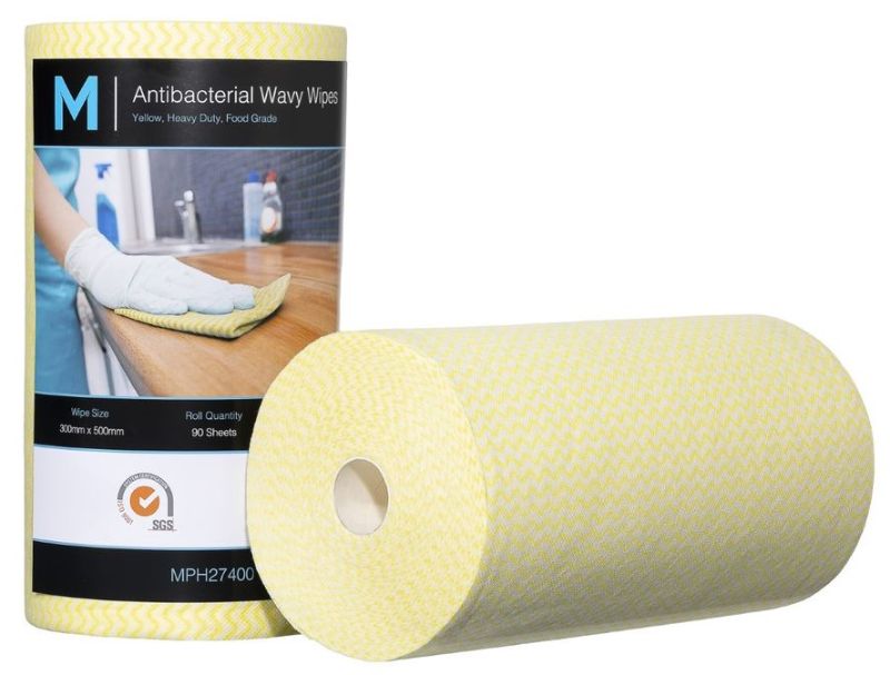 Antibacterial wavy wipes in yellow, 300mm x 500mm, 90 sheets per roll, reusable, strong, and hygienic for effective cleaning.