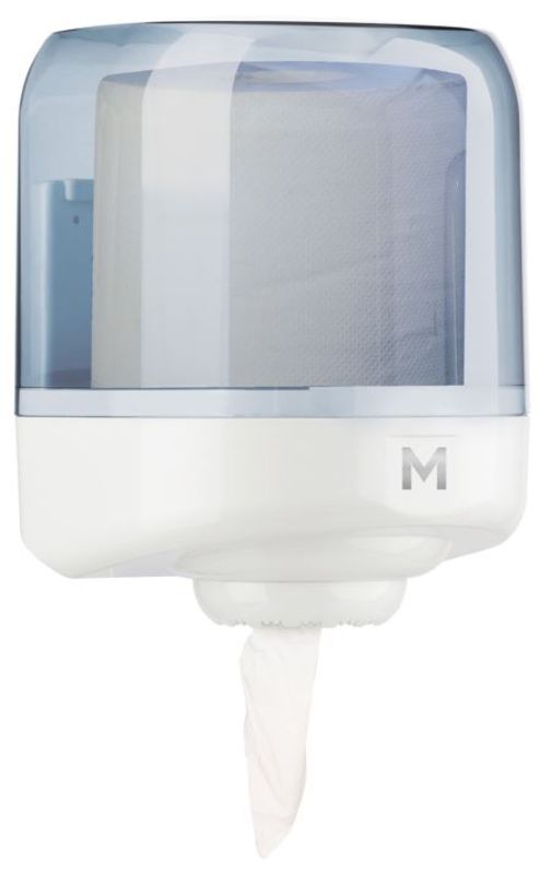 Transparent centre feed dispenser for efficient, hygienic paper towel dispensing in compact spaces, compatible with standard rolls.