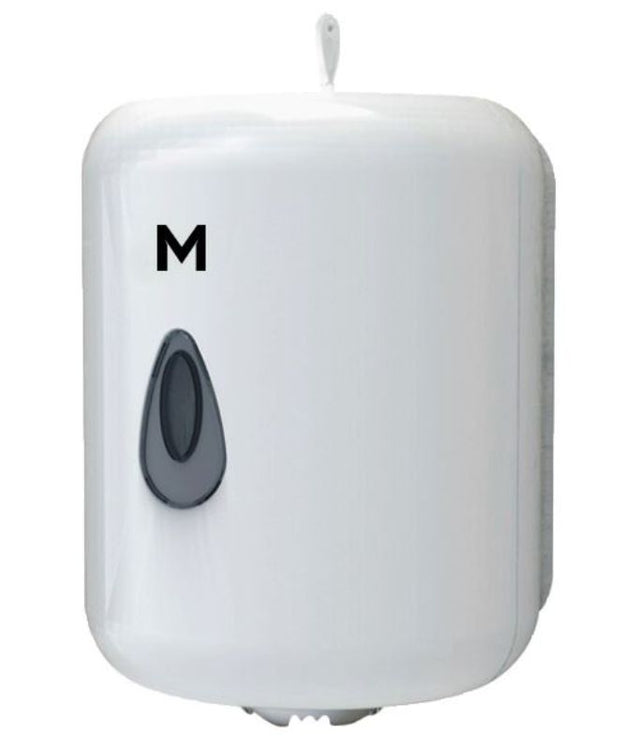 White centre feed towel dispenser with 1 roll capacity, designed for hygiene and easy refills in high-traffic areas.
