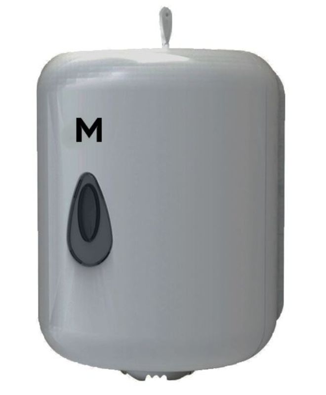 Sleek silver centre feed towel dispenser with lockable cover, perfect for hygienic, efficient towel dispensing.