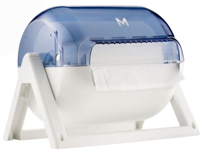 Industrial roll dispenser with transparent design, holds 1 roll, ideal for efficient waste management in busy commercial spaces.