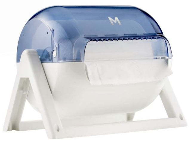 Industrial roll dispenser with transparent design, holds 1 roll, ideal for efficient waste management in busy commercial spaces.