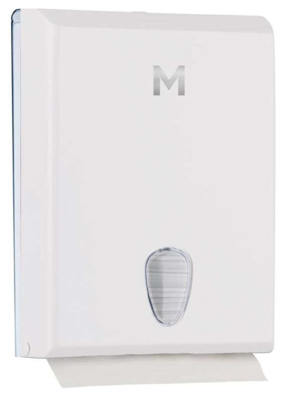 Compact white towel dispenser with 600 sheet capacity, overfill protection, lockable cover, and viewing window for easy supply monitoring.