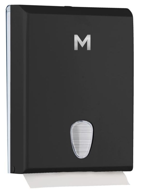 Sleek black compact towel dispenser with 600 sheet capacity, designed for efficient hand drying in small washrooms.