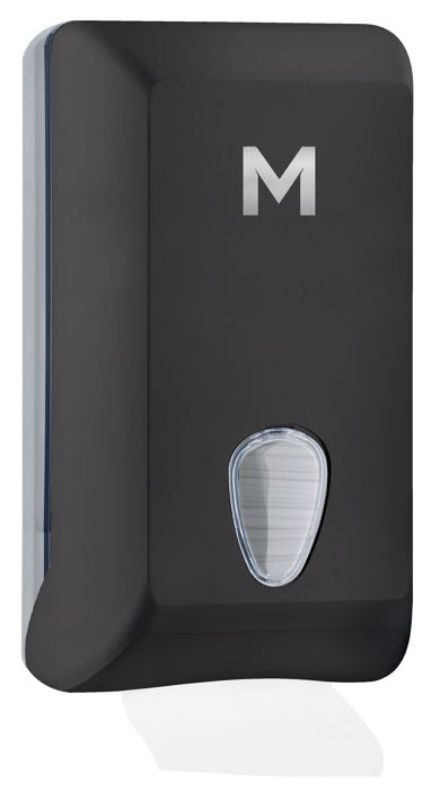 Half Slimfold Towel Dispenser in black, compact design with 400 sheet capacity and easy refill viewing window.