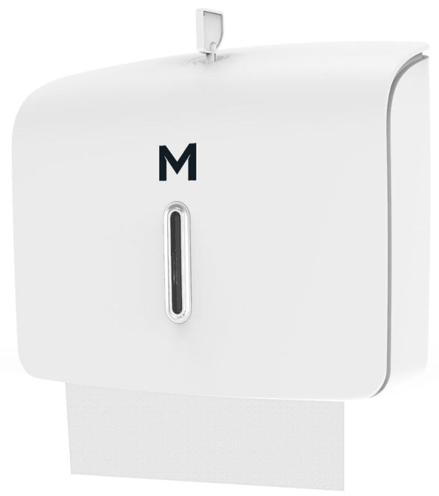Mini Slimfold Towel Dispenser in white, 300-sheet capacity, promotes hygiene with easy access and a viewing window for refills.