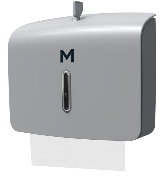 Mini Slimfold Towel Dispenser in silver with 300-sheet capacity, ideal for enhancing hygiene in kitchens and restrooms.