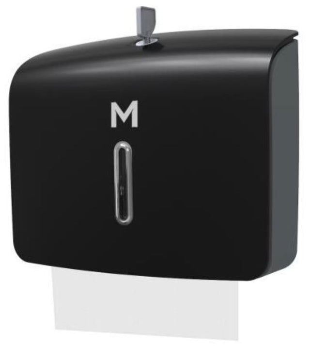 Mini Slimfold Towel Dispenser in black, featuring 300 sheet capacity, high gloss finish, and easy monitoring window.