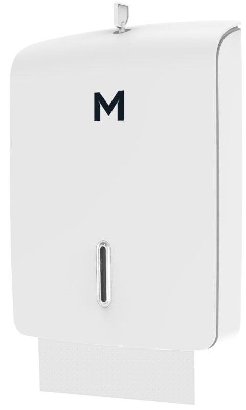 Tall white slimfold towel dispenser with 600 sheet capacity, equipped with viewing window and easy-clean high gloss finish.