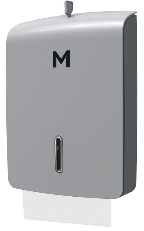 Sleek silver tall slimfold towel dispenser with 600-sheet capacity and viewing window for easy towel level checks.