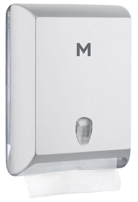 Sleek silver interfold towel dispenser with 700-sheet capacity, designed for efficiency, hygiene, and easy maintenance.