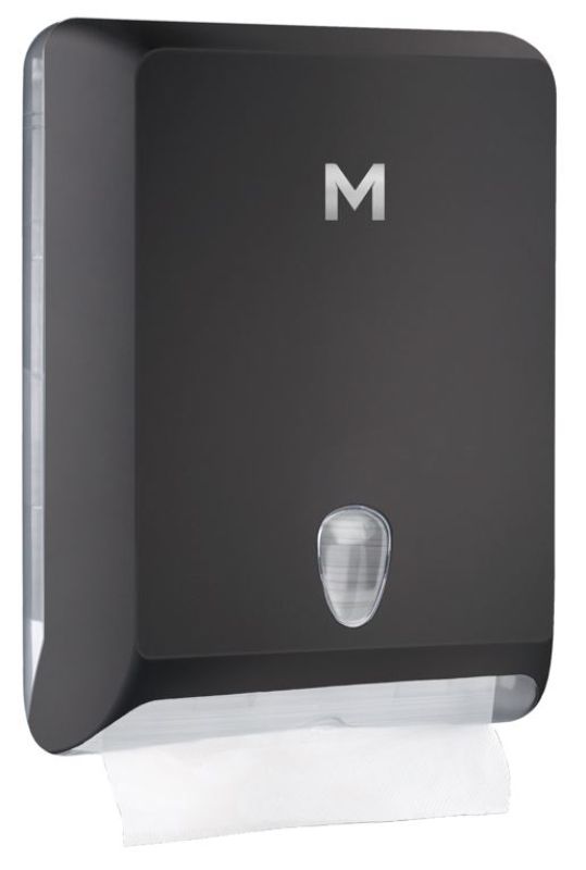 Sleek black interfold towel dispenser with 700-sheet capacity, designed for hygiene and efficiency in high-traffic areas.