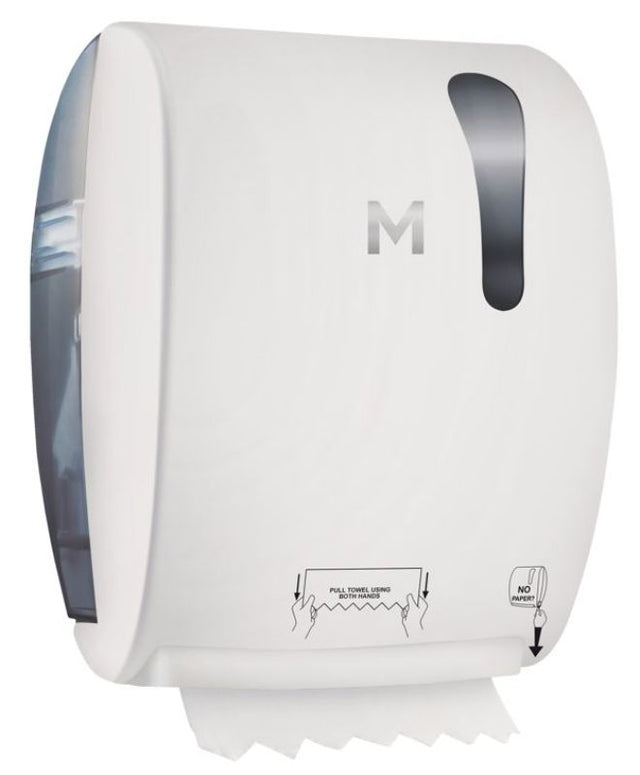 Manual Roll Feed Dispenser in white, featuring one-pull action for hygienic and efficient paper towel dispensing.