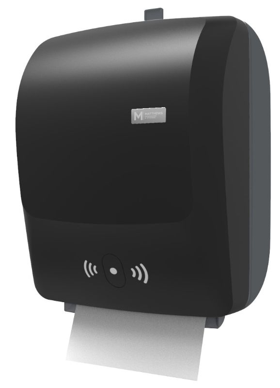 Automatic black paper towel dispenser for no-touch, efficient dispensing in high-traffic areas.