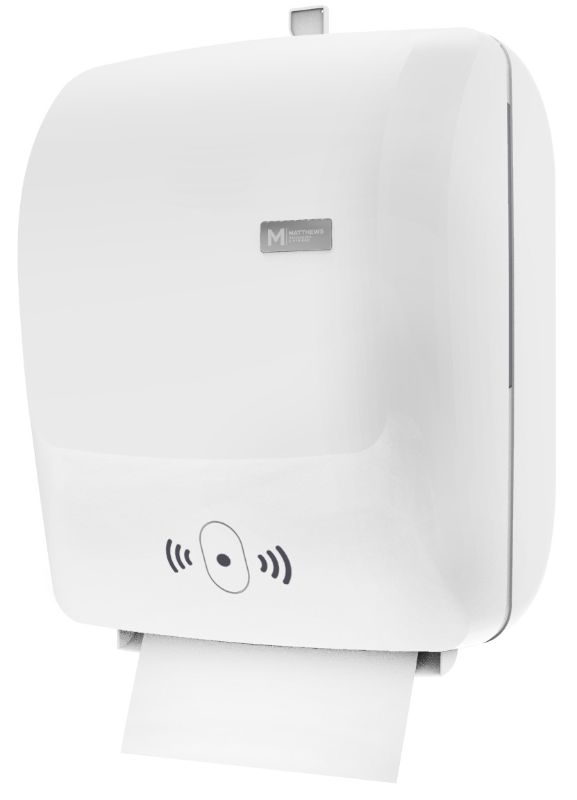 Automatic white cut roll feed paper towel dispenser with touchless action, promoting hygiene and reducing waste in various settings.