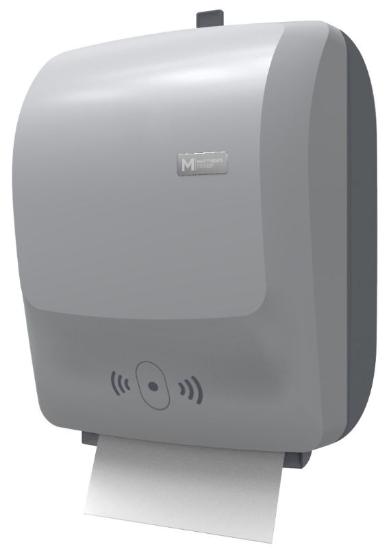 Sleek silver automatic paper towel dispenser for hygienic, no-touch dispensing in high-traffic areas, accommodating one roll.