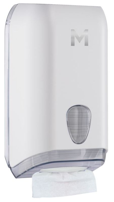 Interleave toilet tissue dispenser in white with 700 sheet capacity and clear panel for easy tissue level monitoring.