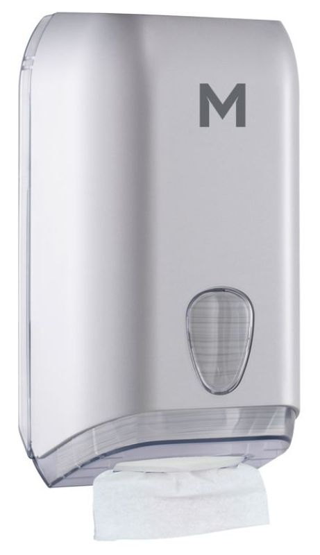 Sleek silver interleave toilet tissue dispenser with 700-sheet capacity and clear viewing panel for hygiene and convenience.