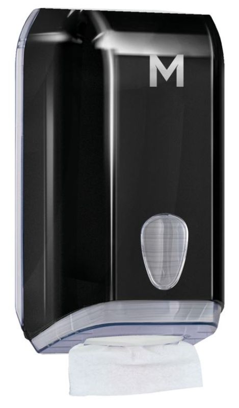 Sleek black interleave toilet tissue dispenser with 700-sheet capacity and clear panel for easy monitoring in high-traffic areas.