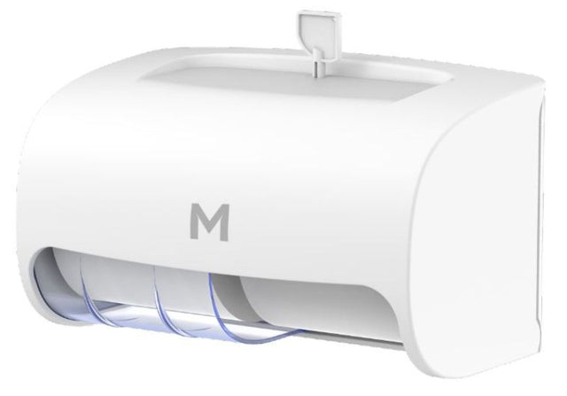 Horizontal white toilet roll dispenser with 2-roll capacity, designed for easy access and efficient toilet tissue use.