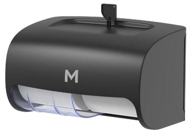 Horizontal black toilet roll dispenser with 2 roll capacity, designed for modern bathrooms and easy roll replacement.