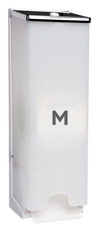 Vertical white toilet roll dispenser holding three rolls, enhancing bathroom organization and hygiene with a sleek design.