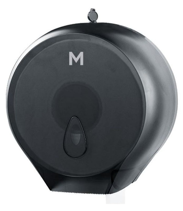 Sleek black jumbo roll dispenser with a viewing window, lockable cover, and durable design for efficient restroom use.