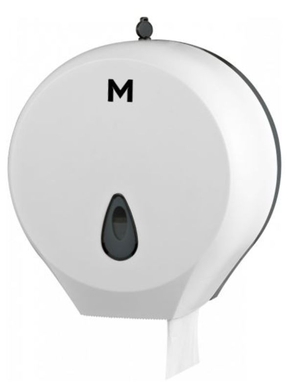 Single Jumbo Roll Dispenser in white, designed for high-traffic restrooms with a sleek design and built-in viewing window.
