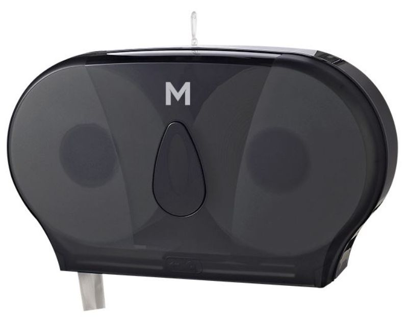 Sleek black double jumbo roll dispenser with 2-roll capacity, ideal for high traffic restrooms, minimizes waste and reduces servicing costs.