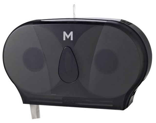 Sleek black double jumbo roll dispenser with 2-roll capacity, ideal for high traffic restrooms, minimizes waste and reduces servicing costs.