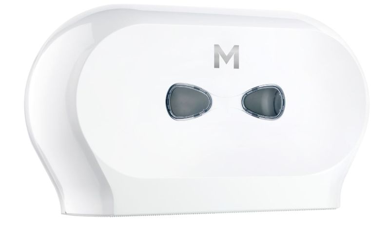 White double mini jumbo roll dispenser with lockable cover for seamless tissue supply in high-traffic restrooms.
