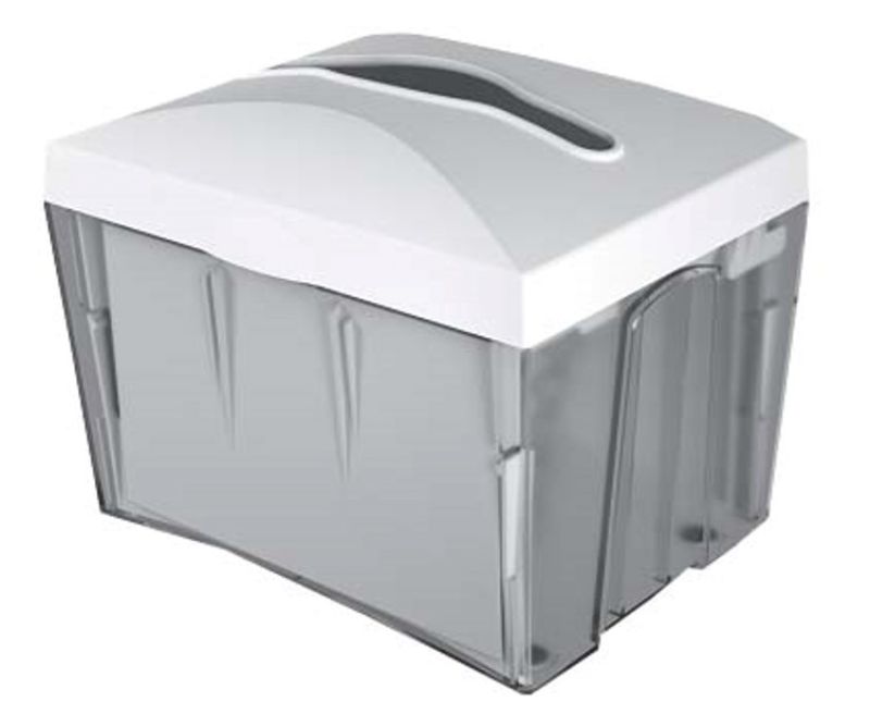 Sleek white tabletop napkin dispenser with 500-sheet capacity for fast, hygienic access in cafes or home settings.