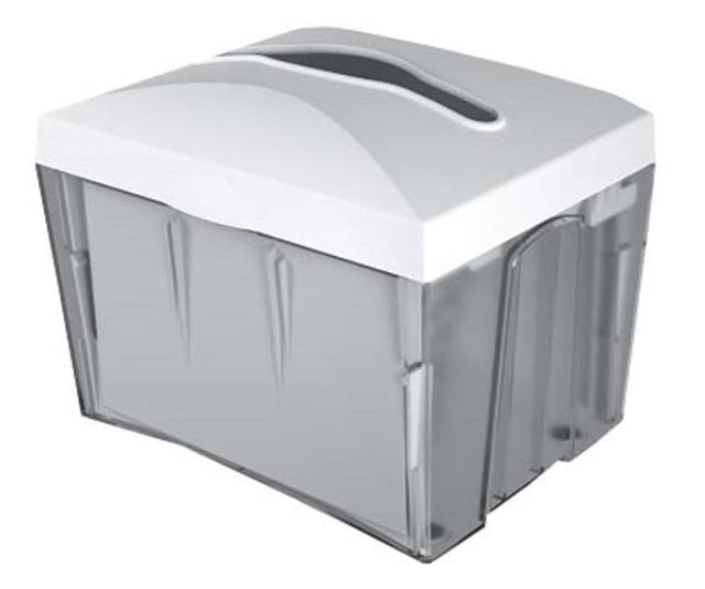 Sleek white tabletop napkin dispenser with 500-sheet capacity for fast, hygienic access in cafes or home settings.