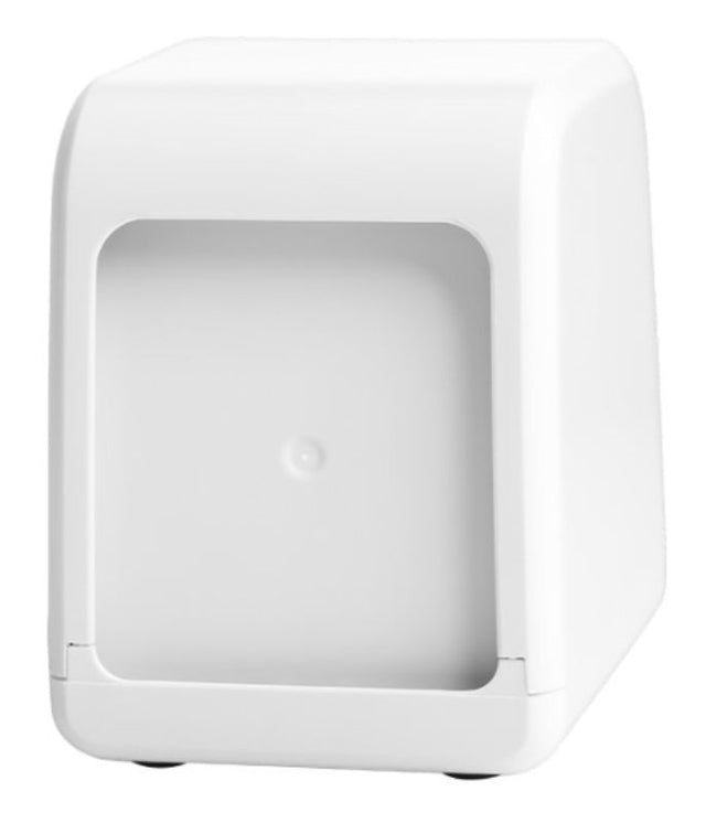 Compact white napkin dispenser with 250-sheet capacity, promoting hygiene and efficiency for restaurants and home use.