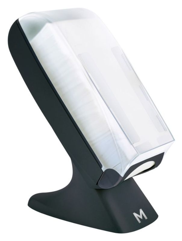 Sleek black standing napkin dispenser with 1000 sheet capacity, wall mountable design for cafes and restaurants.