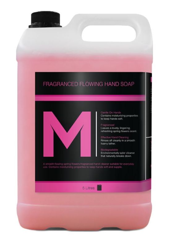 Fragranced pink hand soap refill bottle, 5L, producing creamy lather with a light floral scent for soft, clean hands.