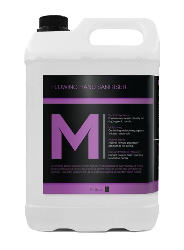 5L refill bottle of clear hand sanitiser with 70% ethanol, effective in eliminating 99.9% of germs while moisturizing skin.