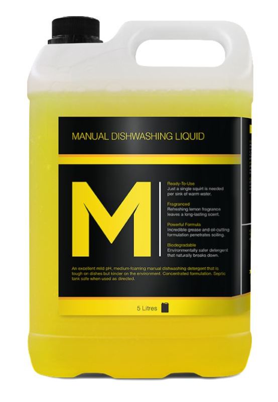 5L yellow manual dishwashing liquid refill bottle, biodegradable and effective for grease-cutting and surface cleaning.