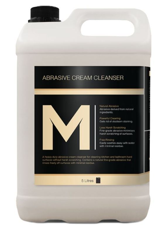 A 5L refill bottle of white abrasive cream cleanser for heavy-duty cleaning on various surfaces without scratches.