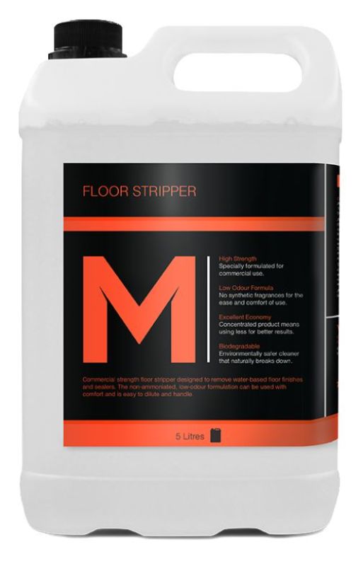 Clear 5L refill bottle of Floor Stripper, designed for deep penetration and effective removal of floor sealers and finishes.