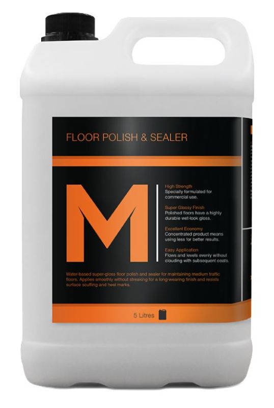5L refill bottle of clear floor polish and sealer, ideal for hardwood, laminate, vinyl, and tile floors, ensuring shine and protection.