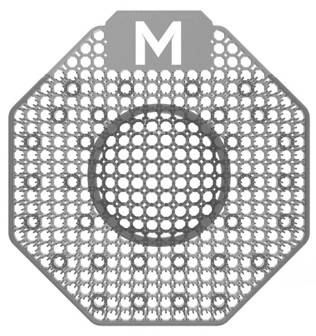 Scented grey urinal screen with enzymatic bacteria for odor control, splash reduction, and lasting freshness for 30 days.