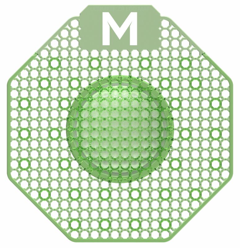 Green Cucumber Melon urinal screen with enzymatic block, providing odor control and splash reduction for enhanced restroom hygiene.