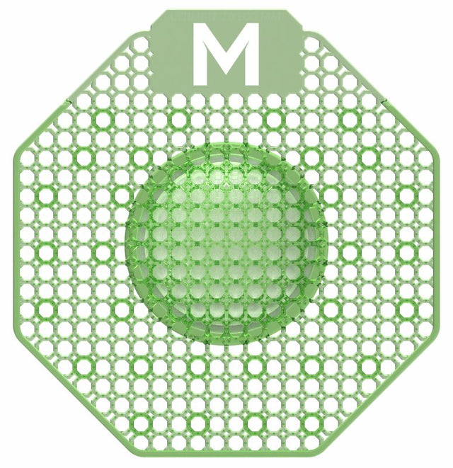 Green Cucumber Melon urinal screen with enzymatic block, providing odor control and splash reduction for enhanced restroom hygiene.
