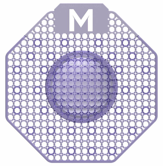 Scented enzyme block urinal screen in purple, Ocean Mist, eliminates odors and reduces splash for a fresher restroom experience.