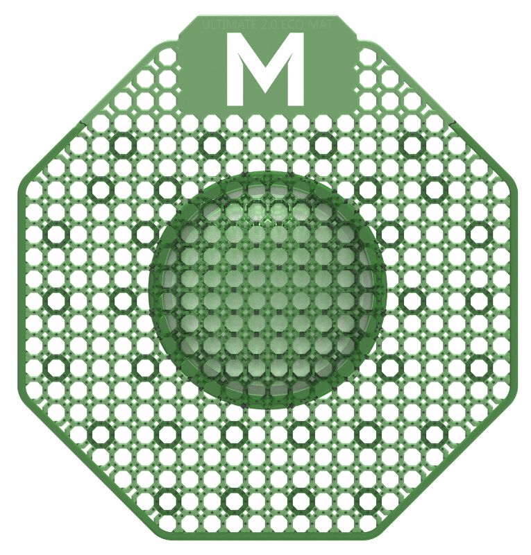 Scented urinal screen in dark green, infused with Super Lime scent, combats odors and reduces splash for cleaner washrooms.