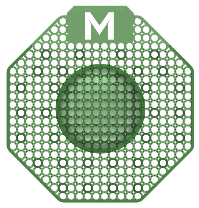 Scented urinal screen in dark green, infused with Super Lime scent, combats odors and reduces splash for cleaner washrooms.