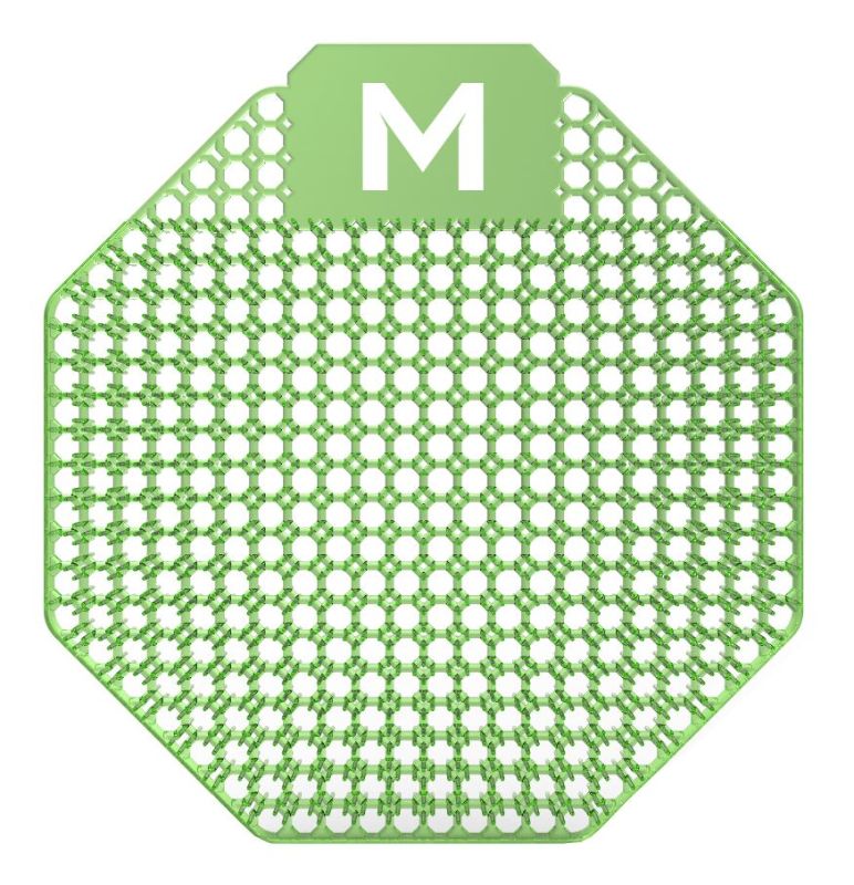 Scented urinal screen in green with cucumber melon fragrance, featuring anti-splash design and translucent monitoring for drain safety.
